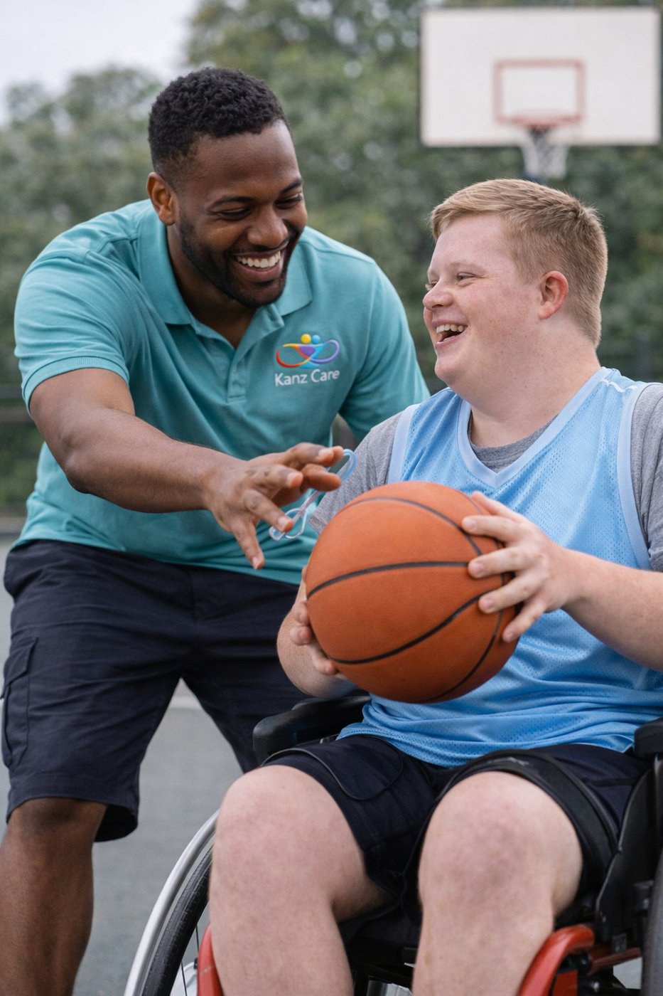 A Kanz Care support worker playing basketball with a participant in a wheelchair