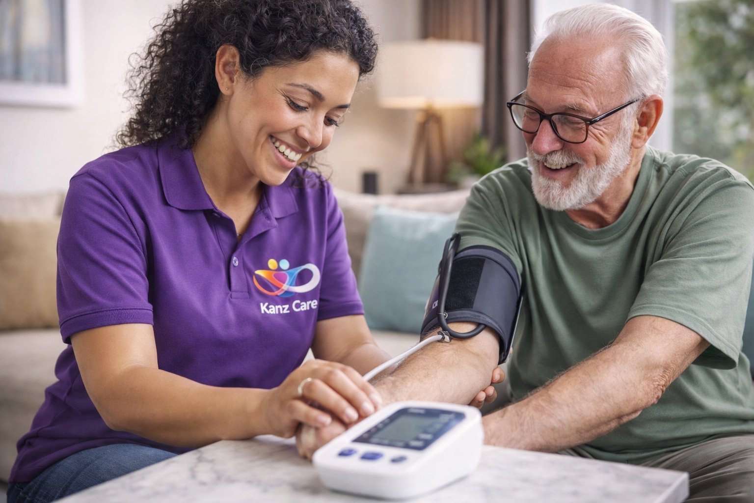 A Kanz Care support worker doing a friendly health check with an older participant