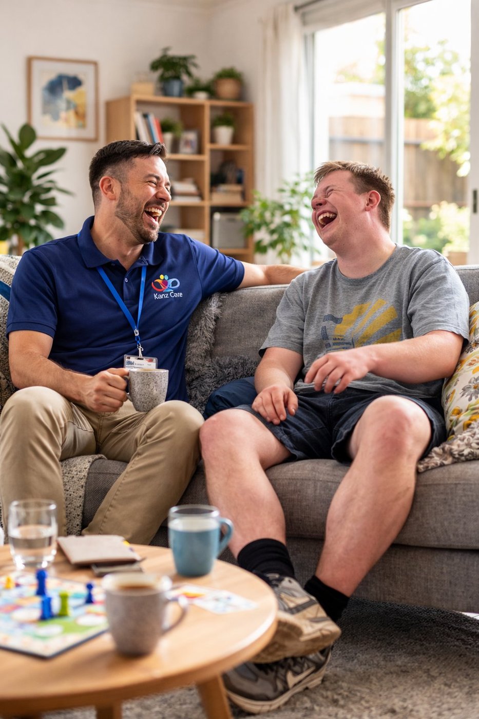 A Kanz Care support worker laughing with a participant on a couch at home
